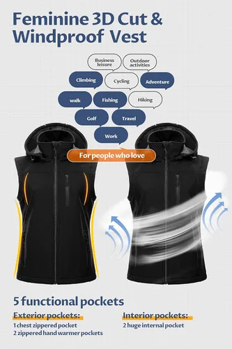 Miniatura 5 de CREATMO US Chaleco ligero de Softshell para mujer, chaqueta sin mangas cortavientos con capucha extraíble