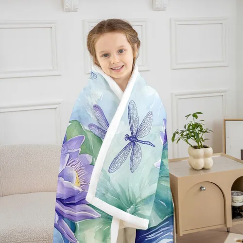 Miniatura 3 de Manfei Manta de flores de loto morado, manta de cama bohemia con libélula para niños, niñas, adultos, manta floral de acuarela para sofá, manta