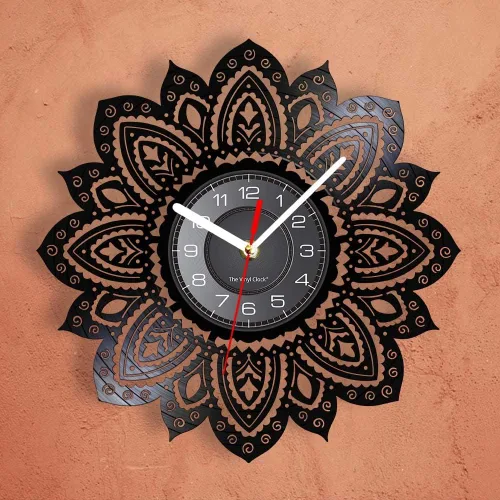 Miniatura 6 de Reloj de pared de disco de vinilo con forma de loto de mandala de 12 pulgadas, diseño moderno de flor, silencioso, de cuarzo, sin tictac, reloj