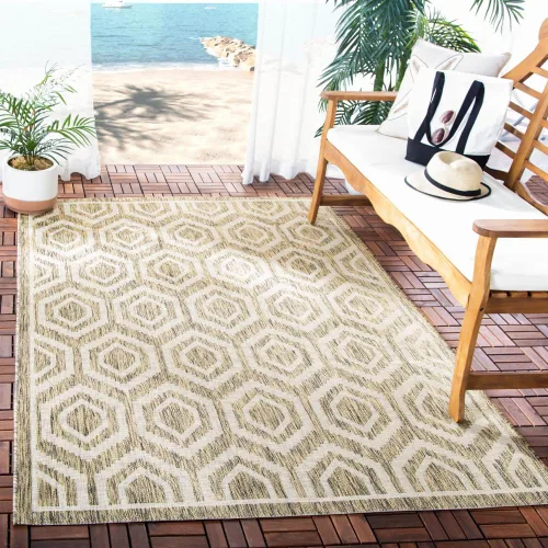 SAFAVIEH Alfombra lavable al aire libre Courtyard Collection - 5'3" x 7'7", marrón y hueso, no desprende pelusa y fácil limpieza, ideal para patio,