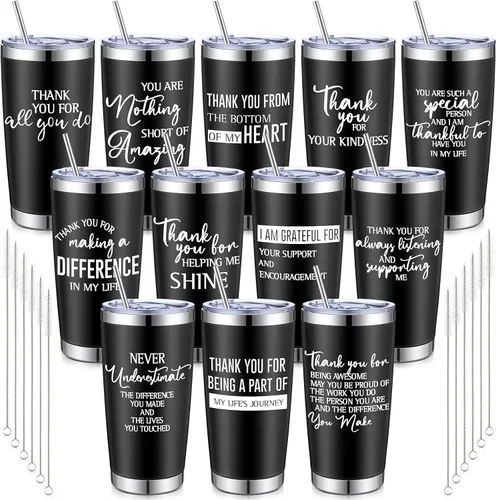 Norme 12 vasos con diseño de agradecimiento de agradecimiento, color negro, de 20 onzas, de acero inoxidable, con aislamiento, inspirador, taza con