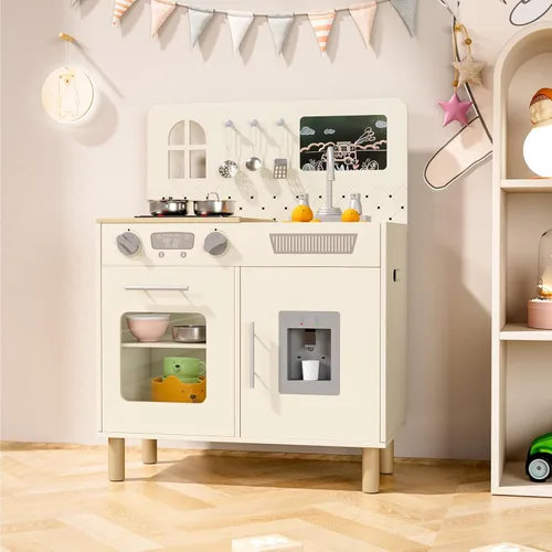 Miniatura 6 de MAMIZO Juego de cocina para niños, juego de simulación con pizarra y luces y sonidos realistas, cocina de madera interactiva definitiva con sonidos