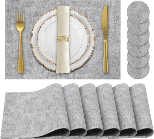 Juego de 6 manteles individuales de piel sintética, resistentes al calor para mesa de comedor, manteles individuales antideslizantes fáciles de Gris
