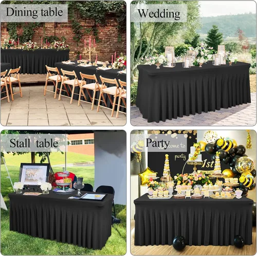 Miniatura 6 de Besutolife - Faldas de mesa de elastano negro para mesas rectangulares de 4 pies, diseño de una pieza, mantel para fiestas de cumpleaños, bodas