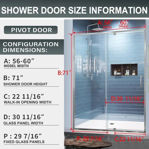 Miniatura 3 de GroGro 56-60" W x 71" H Mampara de ducha giratoria de vidrio semisin marco, vidrio templado transparente de 1/4" (6mm) SGCC, acabado cromo, Cromado