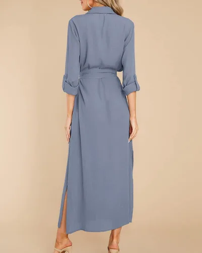 Miniatura 5 de Fekermia Vestido de camisa con botones para mujer, vestido de manga larga enrollable, con cinturón, con bolsillos