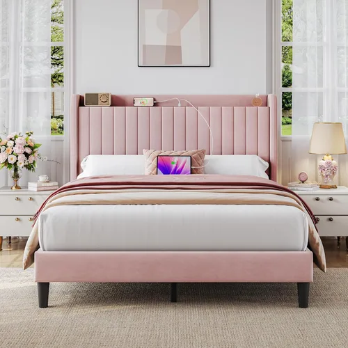 Miniatura 12 de Yaheetech Base de cama tamaño Queen con estación de carga USB y estante de almacenamiento/plataforma de cabecera tapizada con lado de ala/soporte