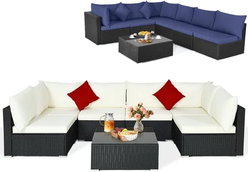 Miniatura 22 de Tangkula Juego de muebles de mimbre de patio de 7 piezas, juego de sofá modular de ratán para 6 personas con cojines de asiento y respaldo, 2 Azul