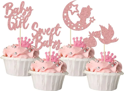 Miniatura 13 de 24 piezas de decoración para cupcakes de baby shower Oh Baby con moño, botella para niño, azul profundo, purpurina para pasteles, decoraciones
