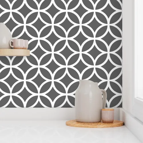 Miniatura 8 de Papel tapiz autoadhesivo para despegar y pegar, diseño de diamantes geométricos gris carbón, círculos blancos, papel tapiz extraíble personalizado