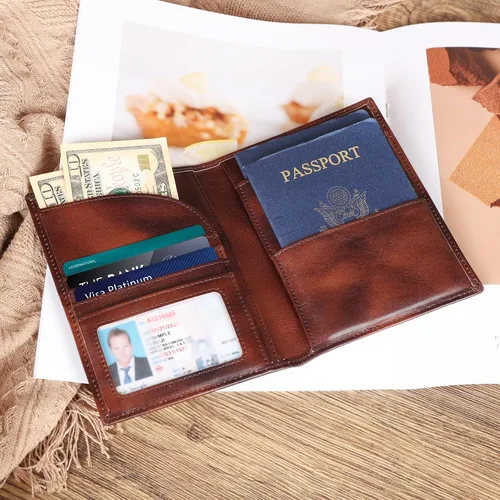 Miniatura 3 de Polare - Soporte para pasaporte de cuero de grano completo con bloqueo RFID, billetera plegable para viajes, 2 pasaportes, Café, Slim