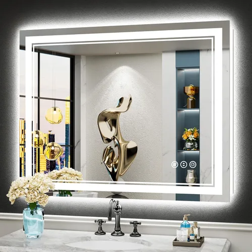 Miniatura 52 de 30x36 Espejo de baño LED con luces, retroiluminado y luz frontal, espejo de tocador iluminado antivaho para pared de baño, 3 colores, regulable