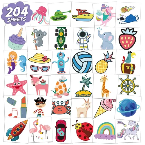 EMOME 204 hojas de tatuajes temporales para niños, tatuajes envueltos individualmente para niños y niñas, suministros de regalos de fiesta de