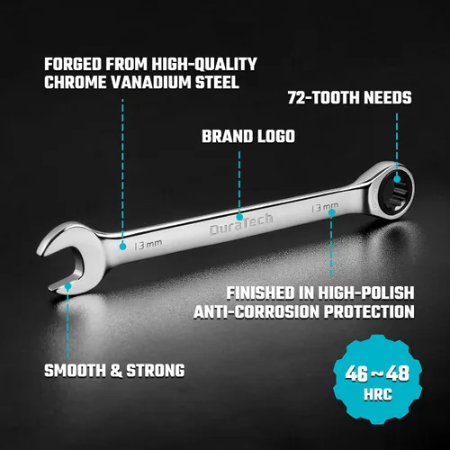 Miniatura 2 de DURATECH Juego de 12 llaves de trinquete combinadas, 72 dientes, métricas, 8-19mm, acero Cr-v, organizadas en estuche de almacenamiento