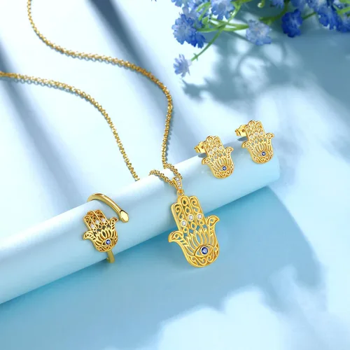 Miniatura 3 de Evil Eye Hamsa Hand of Fatima Lotus Yoga Buddha AnilloPendientesColgante Collar de Plata de Ley 925 Plata de Ley 925 Chapado en Oro de 18 KtOro Rosa