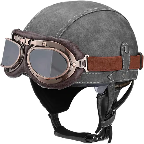 Miniatura 5 de Casco retro de cuero vintage para motocicleta, para hombres y mujeres, adultos, para scooter, bicicleta, crucero, con gafas y lente solar