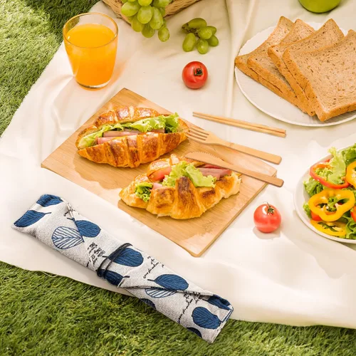 Miniatura 6 de Juego de 4 cubiertos de bambú para viaje, utensilios de bambú reutilizables, tenedor, cuchillo, cuchara, palillos, cepillo de limpieza para comer