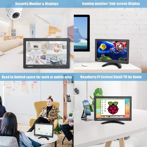 Miniatura 7 de Haiway Monitor de seguridad de 10.1 pulgadas, resolución de 1024 x 600, pequeño monitor HDMI, monitores de computadora pequeños con control remoto