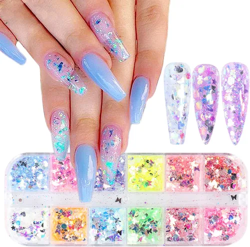 Decoración de uñas de mariposa de 12 colores con lentejuelas 3D holográficas para uñas, copos de purpurina de uñas de sirena, colores irregulares,