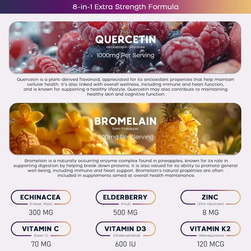 Miniatura 5 de Paquete de 2 gomitas de quercetina con bromelina, zinc, saúco, vitamina C D3 K2, suplemento de quercetina de 1000 mg con bromelina de 500 mg