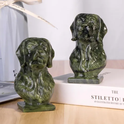Miniatura 4 de Nupuyai Estatua de cabeza de perro de jade verde natural para decoración de oficina en casa, figura de animal tallada curativa, escultura