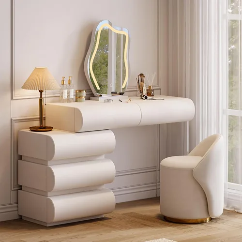 homary Juego de tocador de maquillaje blanco con espejo LED y taburete de tocador, moderno tocador de piel sintética con cajones para dormitorio,