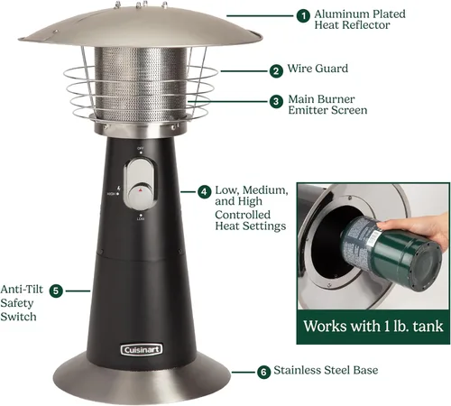 Miniatura 6 de Cuisinart Calentador portátil de patio de mesa, calentador de propano para exteriores de 11,000 BTU con interruptor de inclinación de seguridad