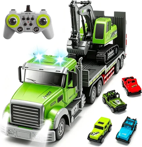 Miniatura 8 de Fistone Juego de juguete de camión y excavadora de semirremolque a control remoto, escala 1:12 con sonido y luces, 11CH 2.4Ghz control remoto camión