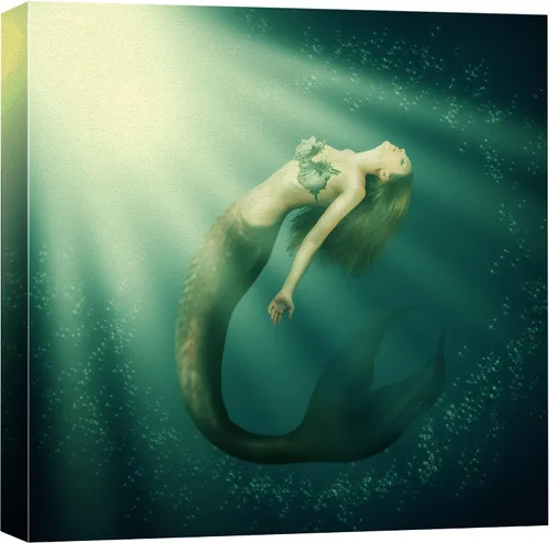 wall26 Lienzo impreso para pared, diseño de sirena que nada bajo el sol verde azulado, fantasía y ciencia ficción, ilustraciones del océano, arte