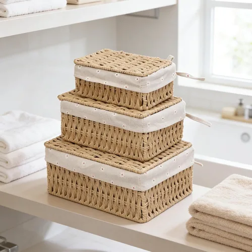 Miniatura 3 de Cestas de almacenamiento con tapas, juego de 3, cestas de mimbre tejidas anidables, cestas decorativas con tapa para estantes, dormitorio, baño