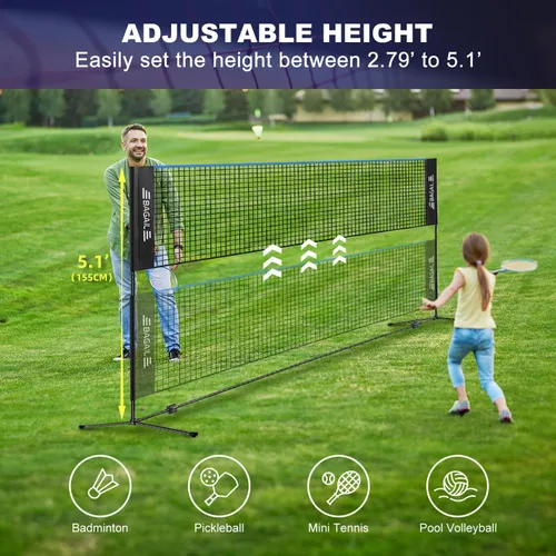 Miniatura 2 de BAGAIL Red de bádminton, red de voleibol para niños de altura ajustable, red de nailon plegable de 10 pies/14 pies/17 pies de ancho, red de tenis