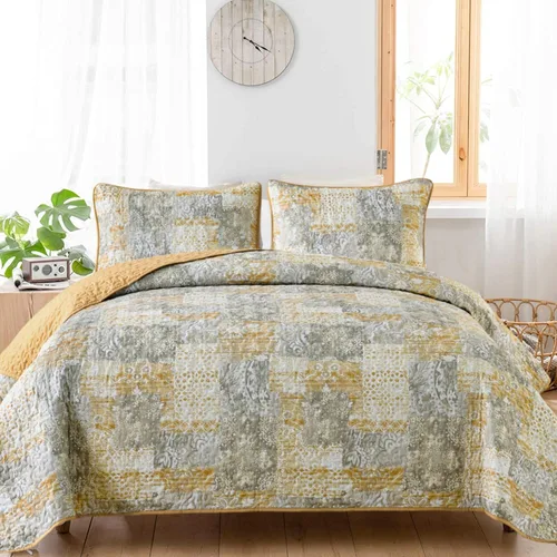 Miniatura 42 de Mybedsoul Juego de edredón bohemio beige tamaño individual, juego de colcha floral a cuadros de 3 piezas, juego de ropa de cama reversible