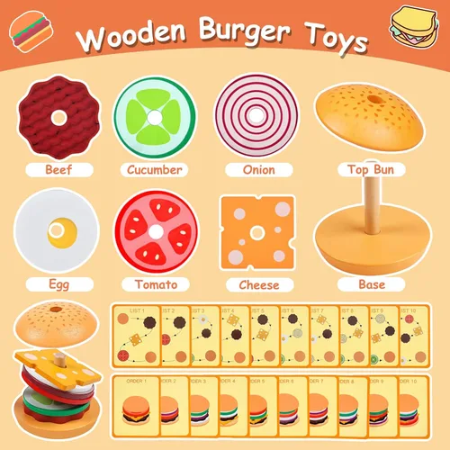 Miniatura 2 de Juguetes Montessori de madera para apilar hamburguesas, juguetes para niños pequeños, educación preescolar, juego de mesa, educación temprana
