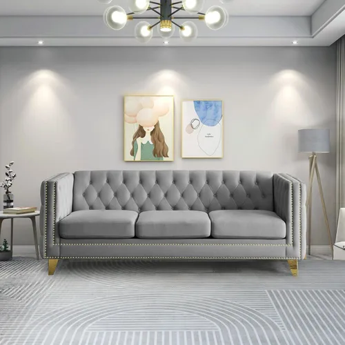 Miniatura 7 de Sofá de terciopelo de 3 plazas, cómodos sofás para sala de estar, sofá moderno con respaldo copetudo y decoración de remaches, sofá largo tapizado