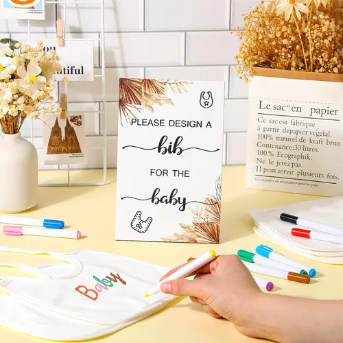 Miniatura 5 de Roowest Juego de 26 baberos y juego para baby shower, 15 baberos blancos de alimentación, 10 marcadores de tela para revelación de género