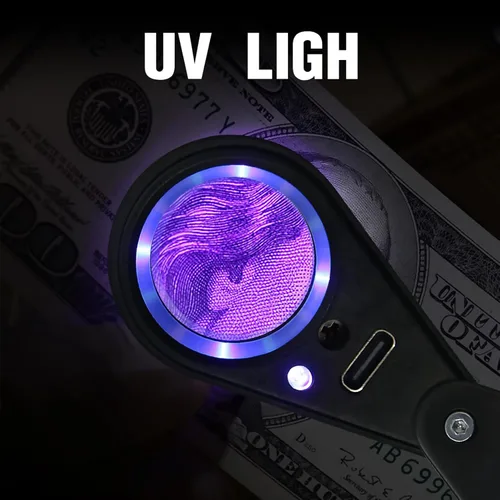 Miniatura 2 de Lupa iluminada de metal completo de 30X con cuatro modos de iluminación, plegable de bolsillo, lupa de ojo de 0.866 in, triplete, lente de mano