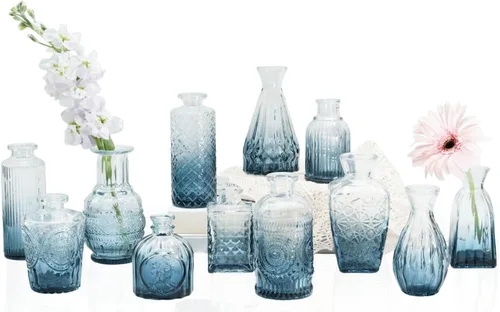 Juego de 12 jarrones de cristal a granel, pequeños jarrones de flores para centros de mesa, mini jarrón vintage para bodas, decoración de mesa del