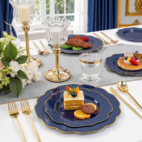 Miniatura 8 de bUCLA 180 piezas platos de plástico azul - azul marino y borde dorado desechables incluye 30 de cada uno (cena y postre) platos, 30 cuchillos, 30