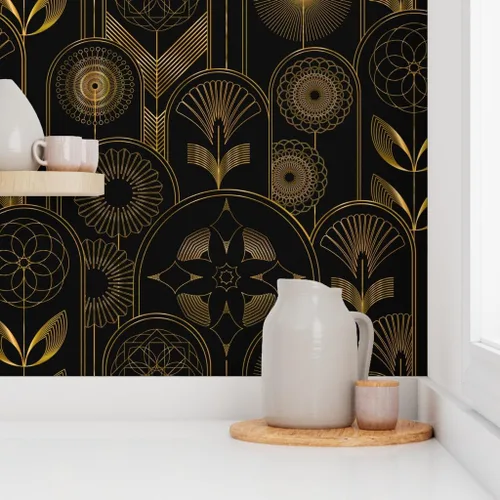Miniatura 8 de Spoonflower Papel tapiz para despegar y pegar, diseño de flores Art Deco de los años 20, flores negras, geométricas, oscuras, papel tapiz extraíble
