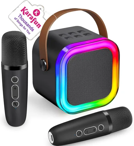 IROO - Máquina de karaoke para niños y adultos, minialtavoz Bluetooth portátil con 2 micrófonos inalámbricos y luces de fiesta, para celular, regalo
