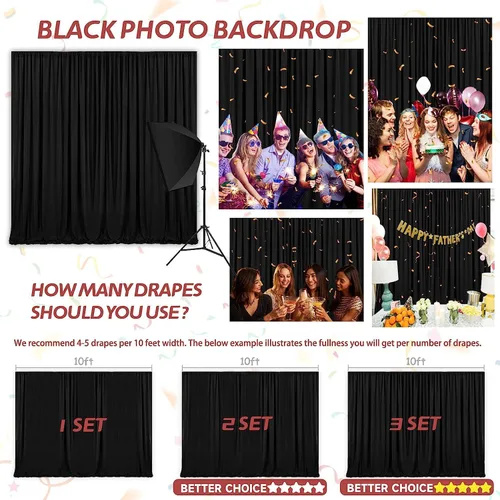 Miniatura 4 de Cortina de fondo negra: 2 paneles de 5 pies x 10 pies - Cortina de fondo de fotos de poliéster para escenario de boda, fiesta de cumpleaños
