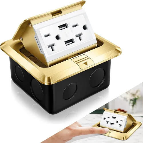 Miniatura 10 de Hoolerry Kit de 1 caja de cubierta de toma de corriente eléctrica de piso desplegable con cargador USB de 4.8 A, 20 amperios, impermeable