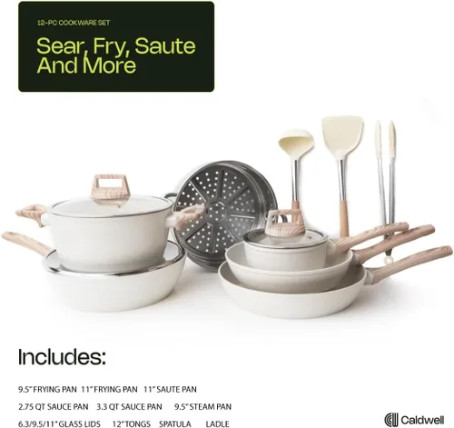 Miniatura 7 de Caldwell - Juego de ollas y sartenes de acero inoxidable de 10 piezas, utensilios de cocina de inducción profesionales con distribución uniforme