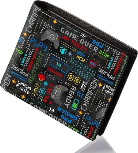 Billetera para niños adolescentes Cartera genial para niños, diseño de videojuegos, cuero delgado, doble plegable con bolsillo para monedas,
