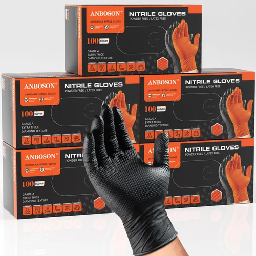 Miniatura 10 de ANBOSON Guantes de nitrilo desechables de 10 mil de goma negra resistente a los productos químicos, guantes de mecánico resistentes, sin látex