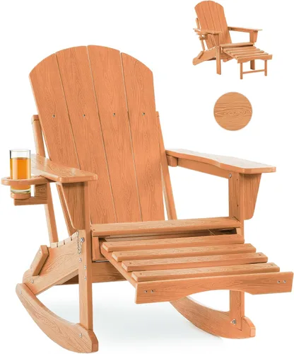 Miniatura 14 de Mecedora plegable Adirondack, silla de patio multifuncional 4 en 1 con otomana retráctil, silla de exterior con textura de madera, silla de césped
