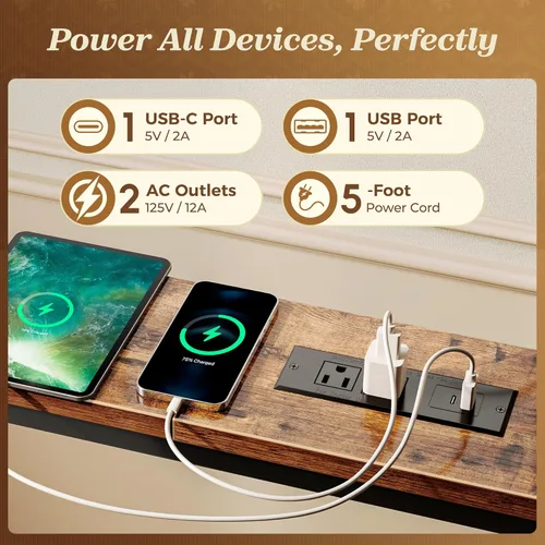 Miniatura 4 de SUPERJARE - Mesa de sofá de 110.2 pulgadas con 2 tomas de corriente y puerto USB-C, mesa consola estrecha de 5.9 pulgadas con almacenamiento, Marrón