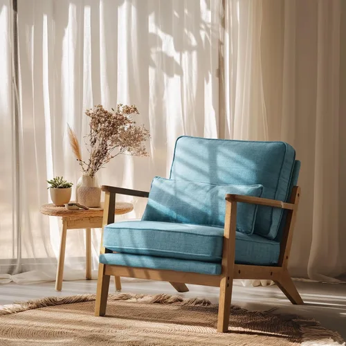 Miniatura 28 de VINGLI Silla de Acento de Madera Maciza con Reposabrazos Anchos, Silla Moderna Tapizada de Mediados de Siglo con Almohada, Cómoda Silla de Lectura