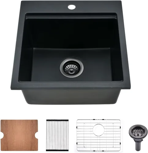 Fregadero de barra negro de 15 x 15 pulgadas, fregadero de bar húmedo de cuarzo de 15 pulgadas para exteriores, fregadero de bar húmedo para