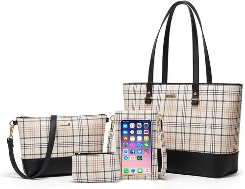 Miniatura 37 de Juego de 4 bolsas modernos para mujer de cuero sintético: bolso tote, bolso de hombro, bolso de mano y cartera.